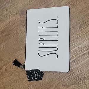 RAE DUNN White Zipper Faux Leather Pouch "SUPPLIES